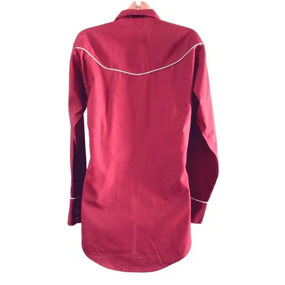 Vintage 70s Levis Pearl Snap Womans S Western Cowboy Rodeo Shirt Maroon White - Picture 2 of 16